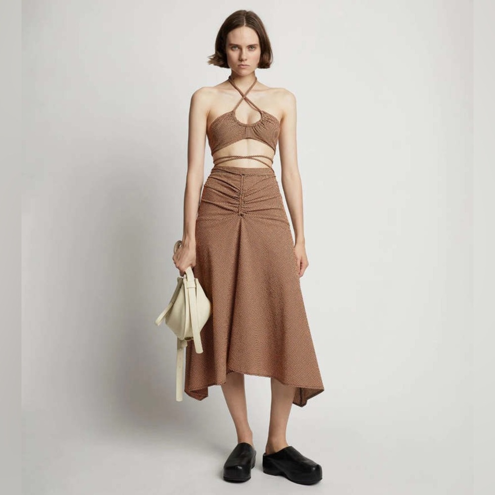 Elegant Brown Checkered Skirt Set